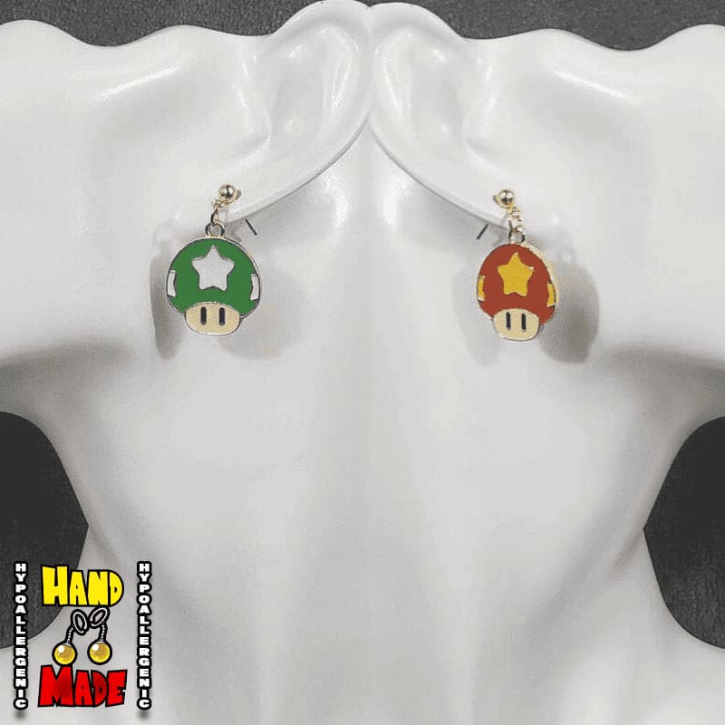 Handmade Mismatched Star Mushroom Gaming Earrings on Dropped Posts- featuring 1Up and Power Up Star Mushrooms