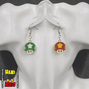 Handmade Mismatched Star Mushroom Gaming Earrings on French Hooks- featuring 1Up and Power Up Star Mushrooms