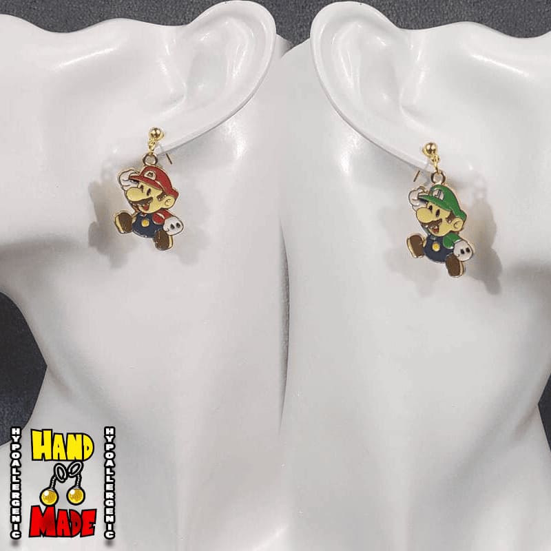 Handmade Mismatched Super Mario Brothers Gaming Earrings on Dropped Posts