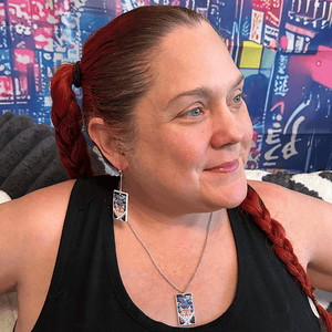 Model wearing the Metal Boar Mask Hanafuda Anime Necklace, showcasing the fierce boar mask charm and silver chain resting across the chest.