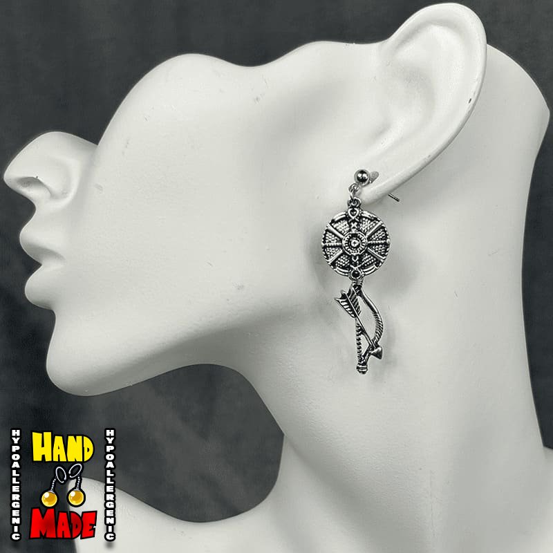 Handmade Warrior Shield and Talon Bow Gaming Earrings featuring metal shield and talon bow charms with silver dropped posts.