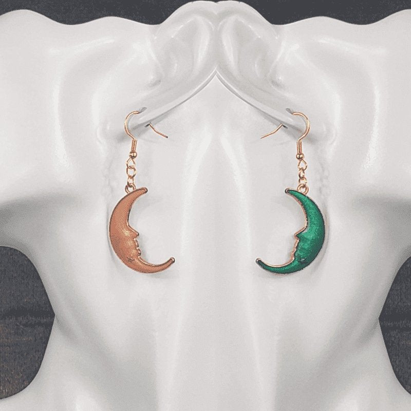 Orange and Dark Green Crescent Moon Earrings