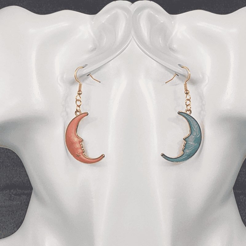 Orange and Light Blue Crescent Moon Earrings
