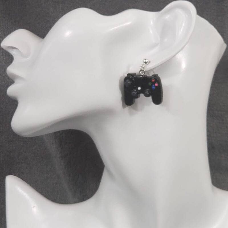Black Plastic Controller Earrings on Dropped Posts