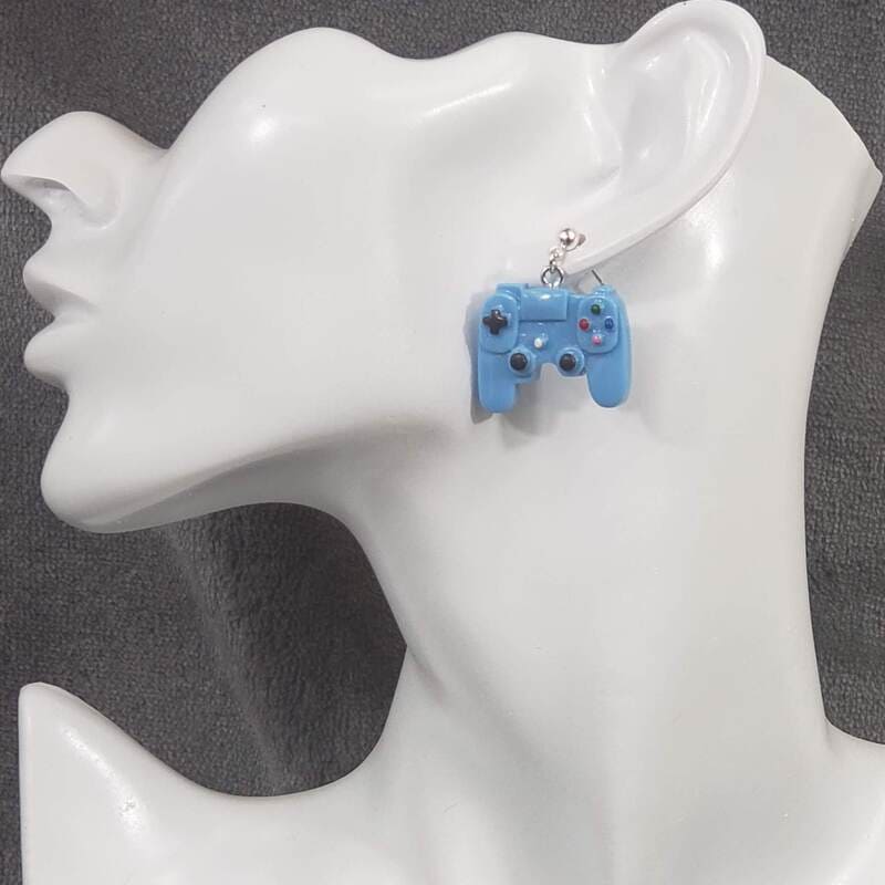 Blue Plastic Controller Earrings on Dropped Posts
