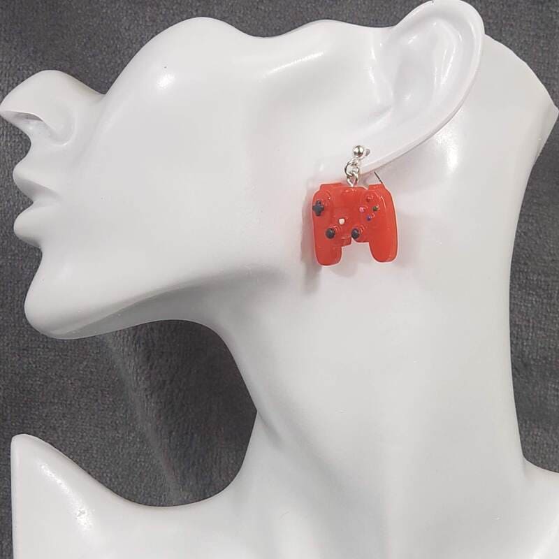 Red Plastic Controller Earrings on Dropped Posts