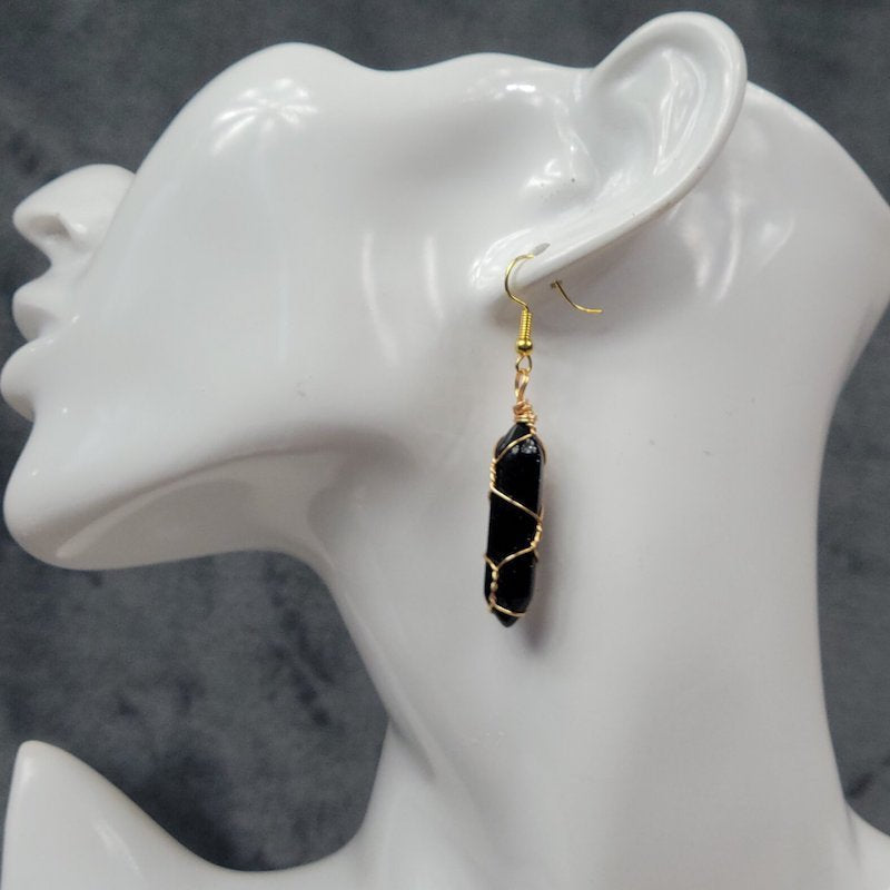Black Goldstone Wrapped Crystal Earrings